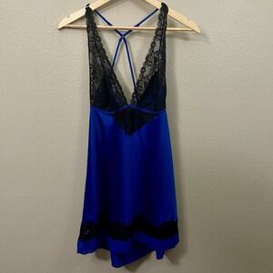 Cassandra Lace & Satin Nightie Lingerie Black Royal Blue Adjustable Straps Sz L
